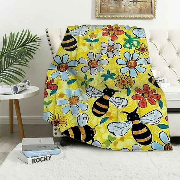Shiartex Bees Throw Blanket, Super-Soft Adorable Extra-Large Honey Bee Blanket for Girls, Boys, Women, and Children, Bees Honey Flower and Beehive Blanket Warm Cozy and Lightweight