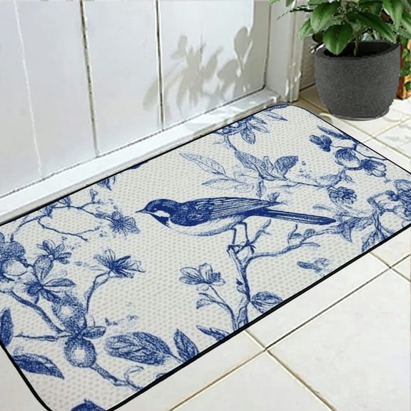 Shiartex Birds Flowers Blue and White Pattern Floor Mat Entryway Dog Doormat Felt for Home Entrance