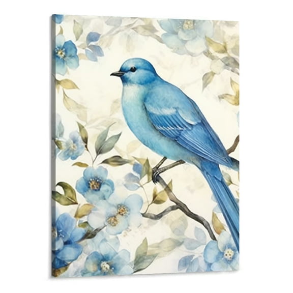 Shiartex Birds and Flowers Canvas Wall Art Print Picture Abstract Navy Blue Birds on Blossom Floral Tree Painting Garden Themed Artwork for Bedroom Living Room Office Framed Decor 16x20in