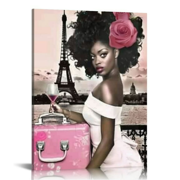 Shiartex Black Girl African American Wall Art Decor Women Pink And Grey On Beach Eiffel Tower Abstract Canvas Paintings Pictures Posters Prints Bathroom Artwork For Wall Bedroom 16x20 in/12x16 in