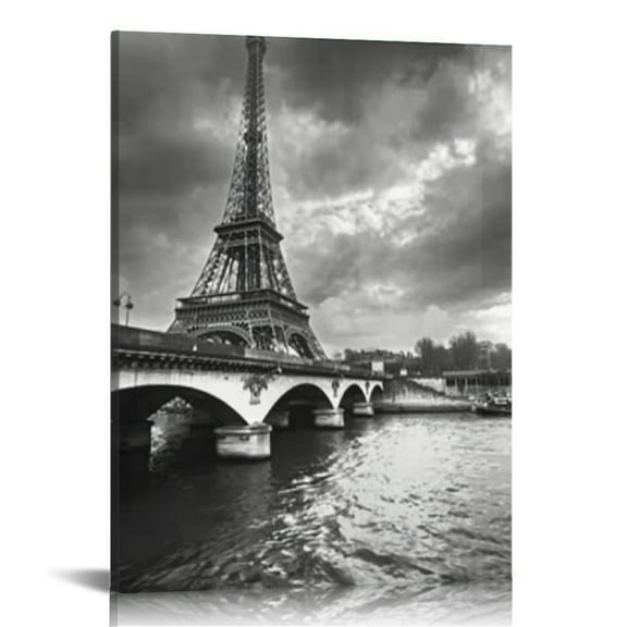 Shiartex Black and White Canvas Wall Art - Paris Eiffel Tower from Seine - France Cityscape Pictures Print on Canvas Modern Home Art Decor Stretched and Framed Ready to Hang - 16x20 in/12x16 in