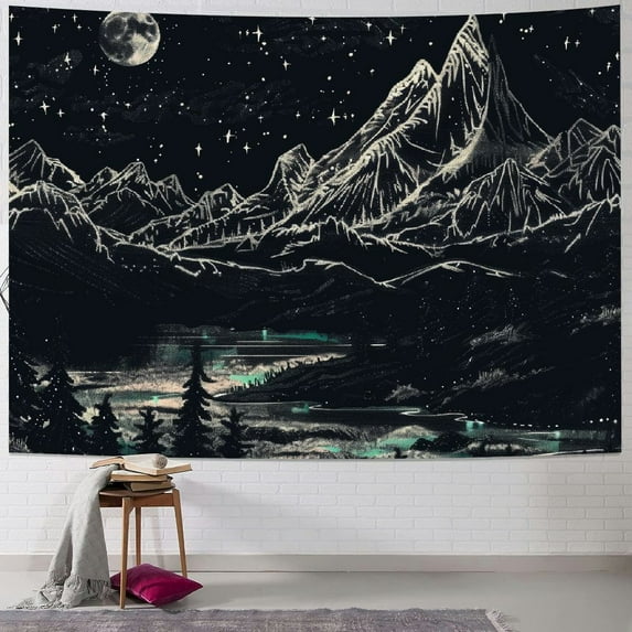 Shiartex Black and White Tapestry Starry Night Mountain Tapestries for Bedroom Aesthetic Moon and Stars Tapastry's Wall Hanging Dark Nature Forest Wall Tapestry for Living Room Dorm Painting