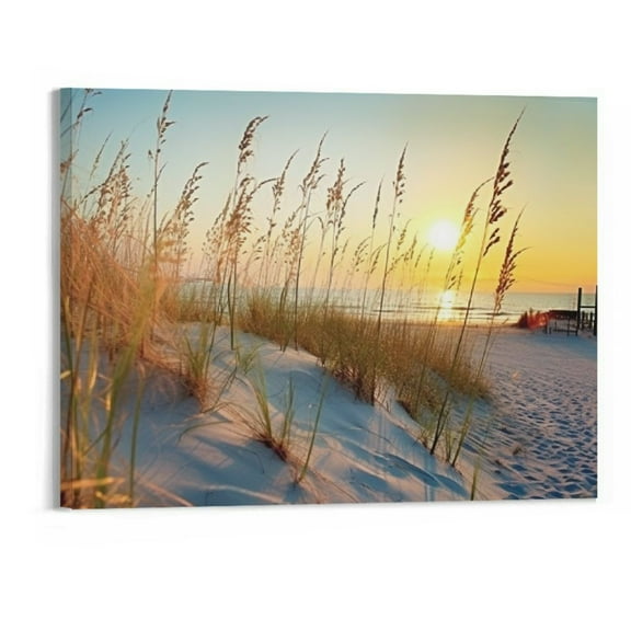 Shiartex Blue Beach Picture Decor Wall Art Ocean sea oats Landscape Scene for Office Living Room Decoration with Framed Canvas Size 20x16in