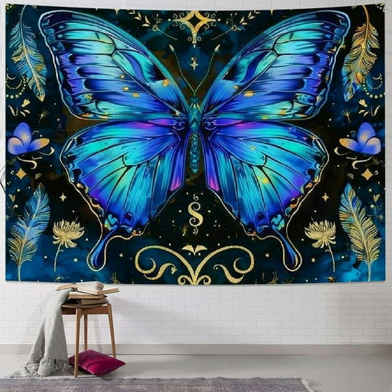 Shiartex Blue Butterfly Tapestry Boho Floral Tapestries Botanical Moon Phase Tapestry Aesthetic Large Tapestry Teal Wall Tapestry for Bedroom Living Room Dorm Painting