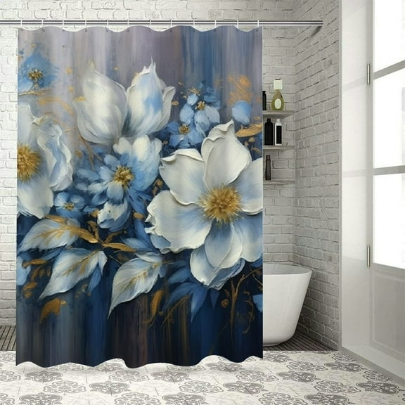 Shiartex Blue Flowers Gold Accents White Petals Printed Shower Curtain Set with Hooks, Easy Care 100% Polyester Fabric, Washable Shower Curtain 36x72