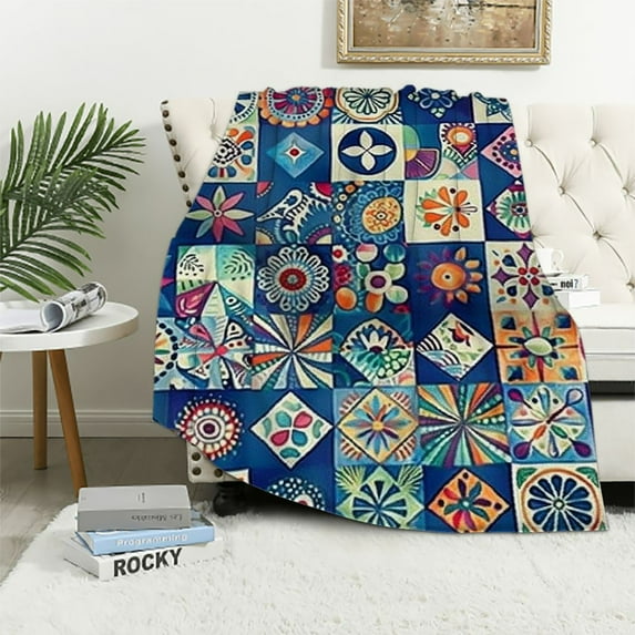 Shiartex Bohemian Flannel Blanket, Boho Geometric Ornamental Throw Blanket Waterproof, Vintage Exotic Floral Decor Blanket for Girls Women Blue Fuzzy Blanket