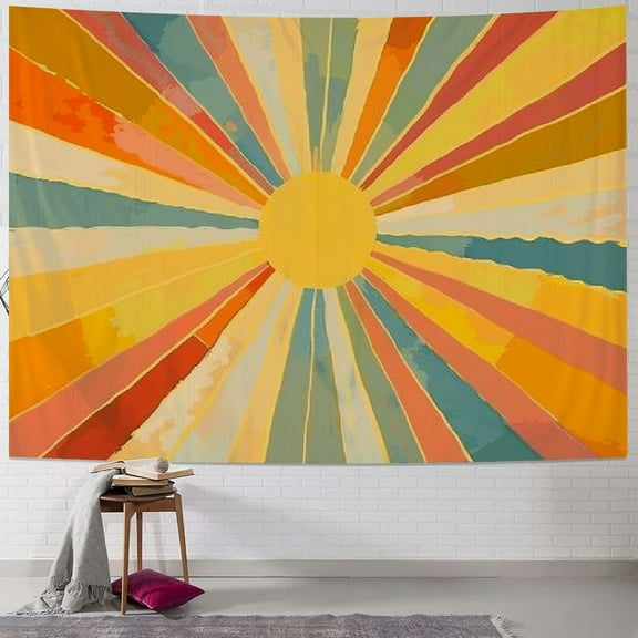 Shiartex Boho Burning Sun Tapestry Wall Hanging, Retro 70s Abstract Vintage Geometric Rainbow Sunrise Tapestries for Bedroom Living Room Backdrop  Painting
