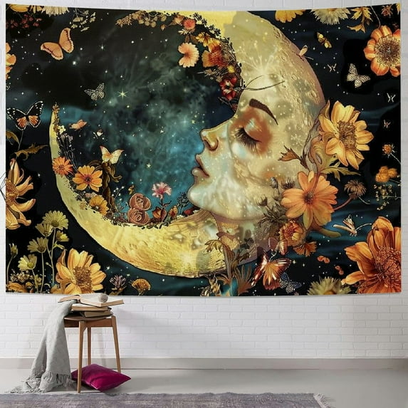Shiartex Boho Moon Tapestry, Vintage Mushroom Sun and Moon Art Tapestries Wall Hanging for Bedroom Aesthetic Botanical College Dorm Room Fairy Decor Painting