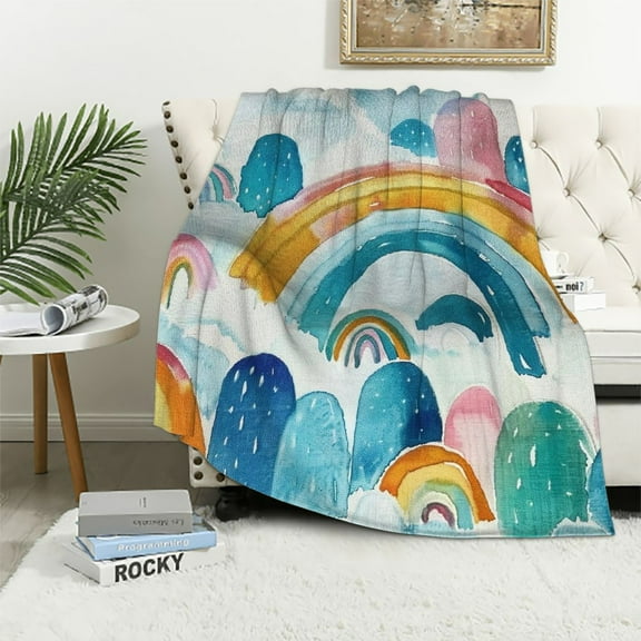 Shiartex  Boho Rainbow Throw Blanket for Girls, Cozy Bohemian Rainbow Blanket, Soft Flannel Rainbow Blanket Kids, Fluffy Rainbow Blankets for Toddler Childs Daughter Gifts Sofa Couch Bed  White