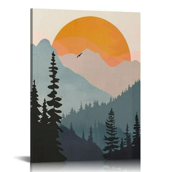 Shiartex Boho Sunset Mountain Framed Canvas Wall Art , Abstract Geometric Forest Wall Decor, Bohemian Nature Wall Painting, Modern Sun Landscape Art Print for Living Room Office 12x16 in
