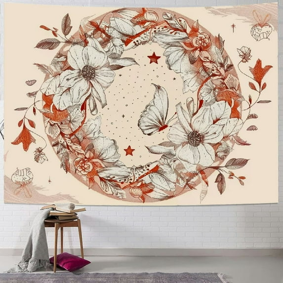 Shiartex Boho Vintage Tapestry Floral Leaves Butterfly Tapestries Aesthetic Moon and Star Tapestry Botanical Wall Tapestry Mandala Tapestry for Bedroom Home Decor Painting