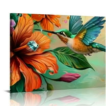 Shiartex Burn Orange and Teal Wall Art Decor Hummingbird Painting Prints Hawaii Hibiscus Flower Canvas Picture Vintage Living Room Bedroom Decorations 20x16in