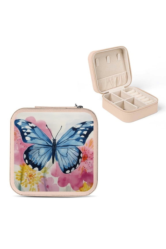Butterfly Flowers Watercolor Jewelry Box for Jewelry Travel Pink