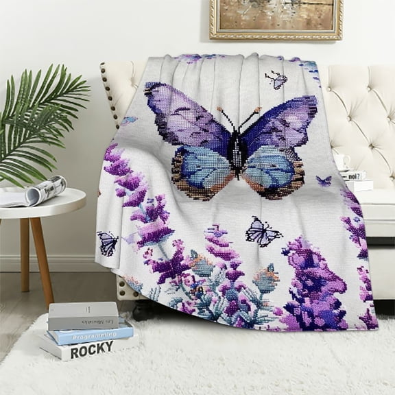 Shiartex Butterfly Lavender Flowers Gifts Blanket Super Soft Flannel Blankets for Bed Sofa Living Room Decor All Seasons Flannel Material