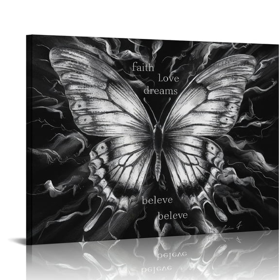 Shiartex Butterfly Wall Art -  Grey Canvas Print - Faith Love Dreams Believe  Canvas Wall Decor - Motivational Posters for Home Office Decor 20x16 in/16x12 in 20x16in