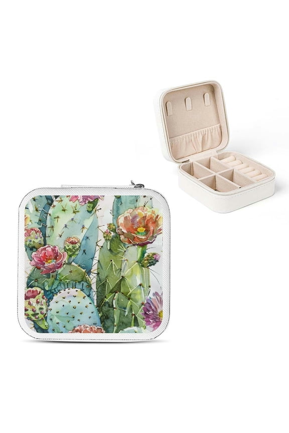 Cactus Flowers Watercolor Jewelry Box Organizer for Necklace, Ring, Earring - Portable and Compact Storage Case with High Quality PU Leather - Best Gift for Valentine's Day, Birthday