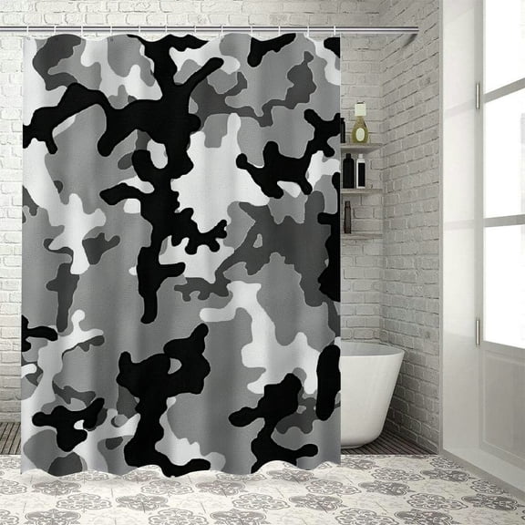 Shiartex Camo Shower Curtain, Camouflage Concept Concealment Artifice Hiding Force Uniform Pattern Fashion, Cloth Fabric Bathroom Decor Set with Hooks, Black Grey Grey White