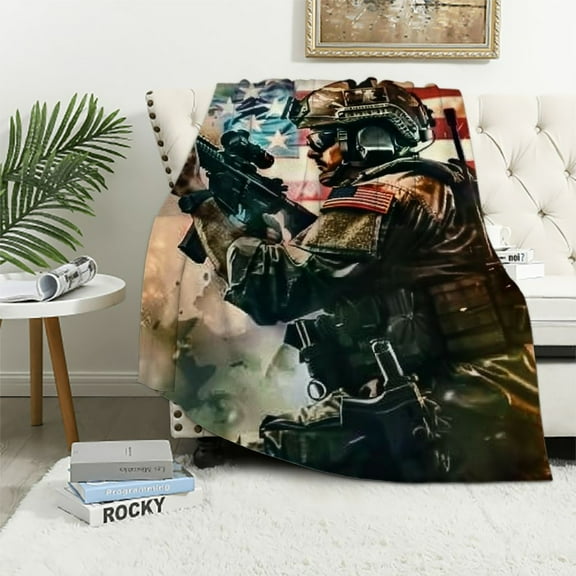 Shiartex  Camo Soldier Throw Blanket Queen for Boys Teen Military Camouflage Vintage American Flag Blanket Blue Lightning Retro USA National Flag Bed Blanket for Adult Kids Men Bedroom Decor White