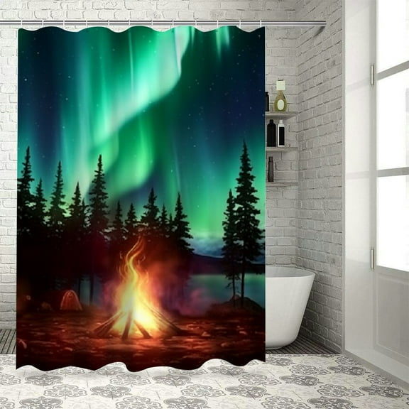 Shiartex Campfire Aurora Lights Trees Printed Shower Curtain 100% Polyester Washable Bathroom Curtain with Hooks 36x72