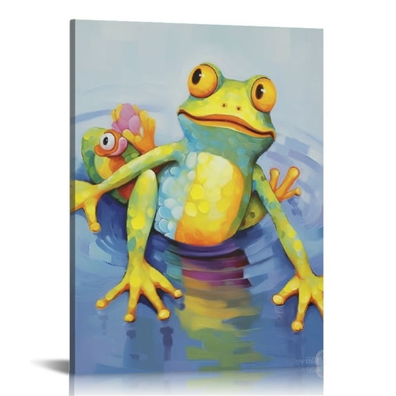 Shiartex  Canvas Frog Wall Art Decor Funny Animal Painting Colorful Cute Frog with Duck Swim Ring for Kidroom Bedroom Wall Decor Ready to Hang 16x20 in/12x16 in