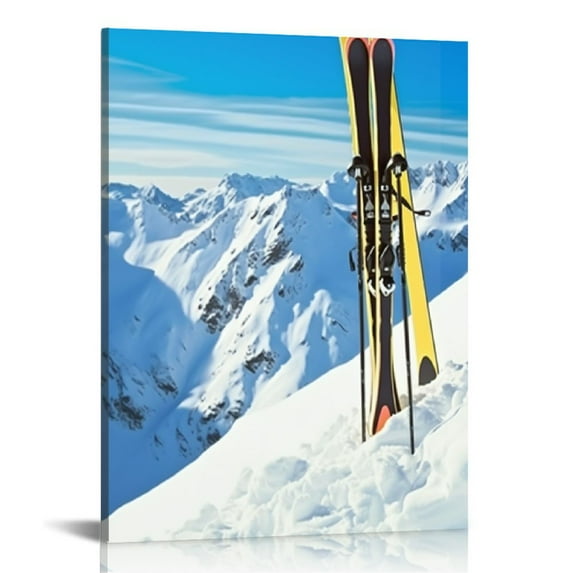 Shiartex - Canvas Prints Wall Art Winter Mountains and Ski Equipment in the Snow Landscape Pictures Modern Home Decor Stretched and Framed for Office and Living Room 16x20 in/12x16 in