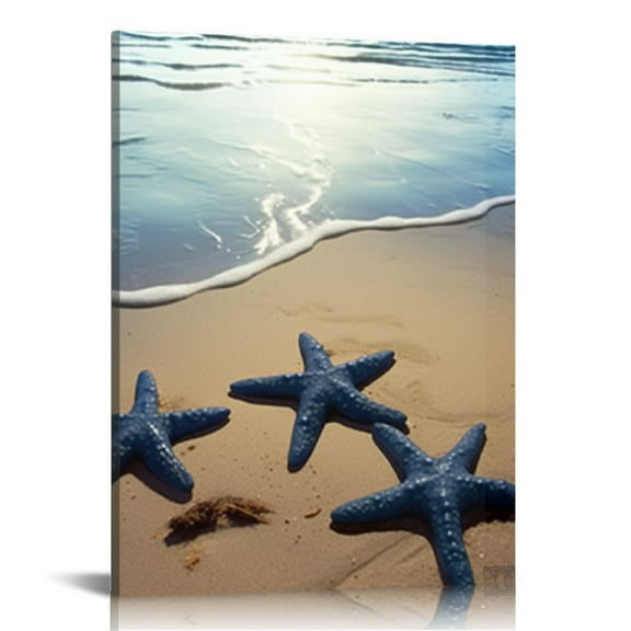 Shiartex  Canvas Wall Art Beach Picture Tropical Blue Sea Starfish Sand Seascape Painting Modern Artwork Framed for Home Bedroom Bathroom Decoration 16x20 in/12x16 in