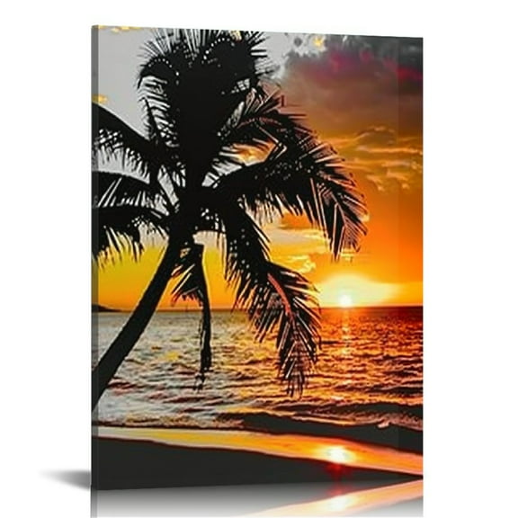 Shiartex Canvas Wall Art Beautiful Sunset Over the Sea on Tropical Beach with Palm Tree and Colorful Sky Picture Printed on Canvas Painting for Bathroom Decor Each Size 12x16inch (Small)