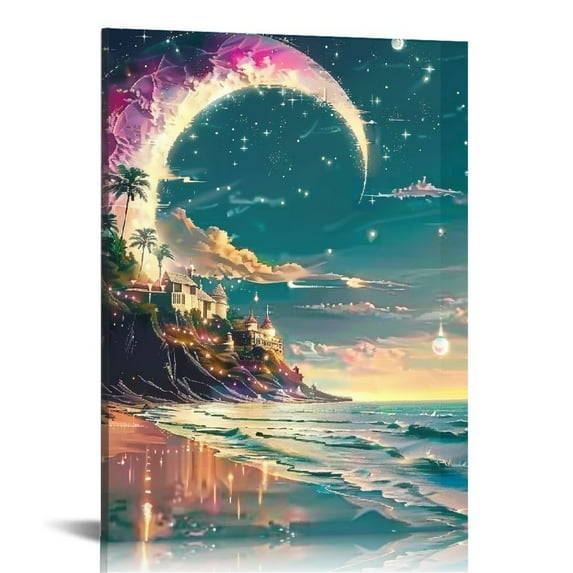 Shiartex Canvas Wall Art,Pink Moon Beach Print Canvas Painting for Bedroom Living Room Kitchen Bathroom Corridor Dining Room Hotel Decor 16x20 in/12x16 in