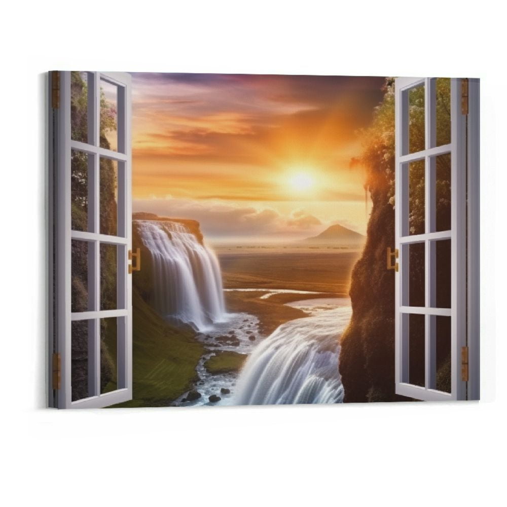 Shiartex Canvas Wall Art Window View Home Decor Majestic Waterfall Wall ...