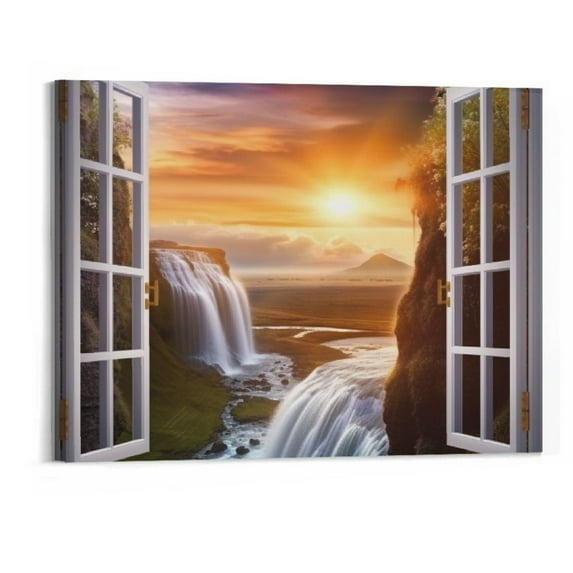 Shiartex Canvas Wall Art Window View Home Decor Majestic Waterfall Wall Art Canvas Print Painting Outdoor Natural Landscape Picture for Bedroom Modern Artwork Wall Decor Ready to Hang(20x16 Inch)