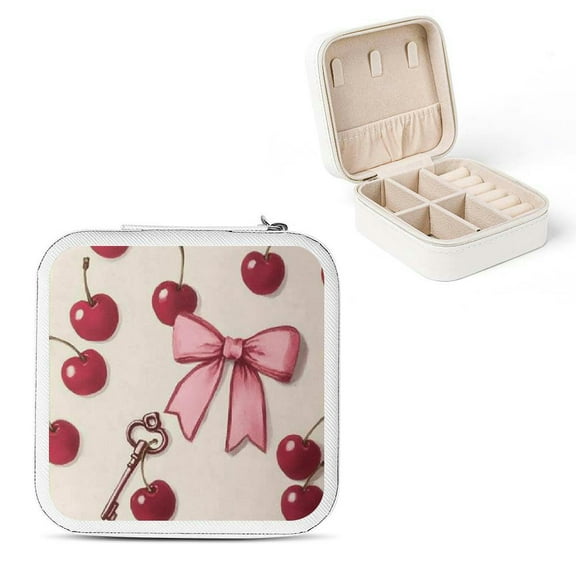Shiartex Cherries Bow Key Travel Jewelry Box for Necklace, Ring, Earring, Valentine's Day Gift White