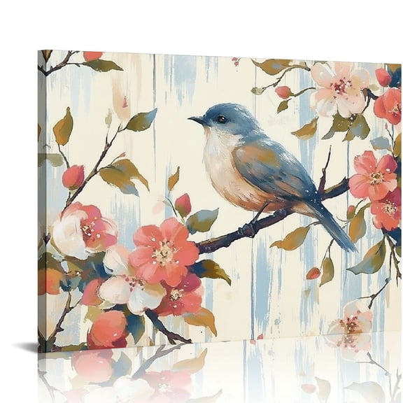 Shiartex Cherry Blossom Tree Picture Framed: Flower Artwork Botanical Painting Bird Animal Wall Art on The Branch Wood Print for Bedroom 16x12in