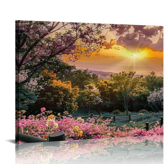 Shiartex Cherry Blossom Wall Art Canvas Pink Floral Pciture Prints Japan Park Sunset View Painting 20x16in