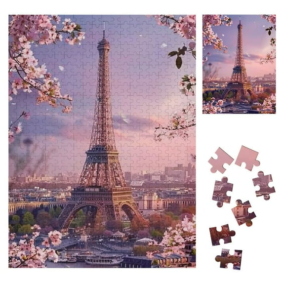 Shiartex Cherry Blossoms Eiffel Tower Cityscape Wooden Jigsaw Puzzle for Adults, Challenging Difficult Gift for Family Friends, Premium Eco-Friendly Wood, Home Wall Desk Decor 500PCS