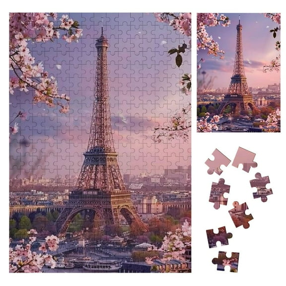 Shiartex Cherry Blossoms Eiffel Tower Cityscape Wooden Jigsaw Puzzle for Adults, Challenging Difficult Gift for Family Friends, Premium Eco-Friendly Wood, Home Wall Desk Decor 300PCS