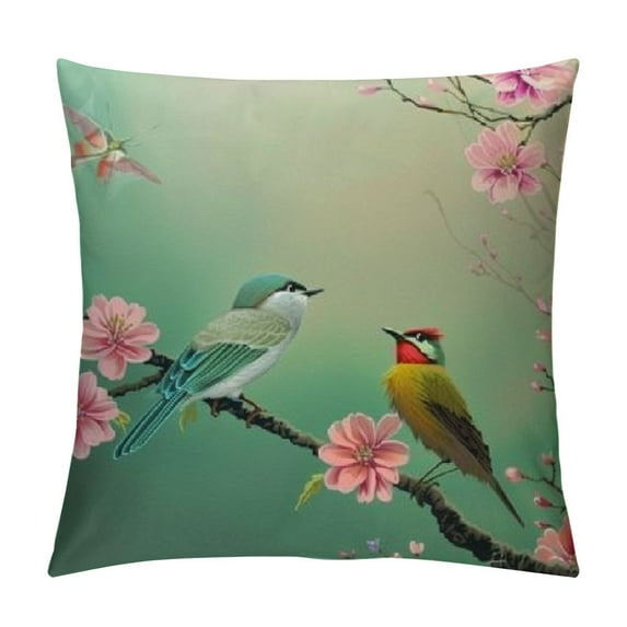 Shiartex Cherry Blossoms Throw Pillow Covers Bird Spring Blooming Flowers Sakura Green Background Square Pillowcases for Home Decor Sofa Car Bedroom Pillow case White