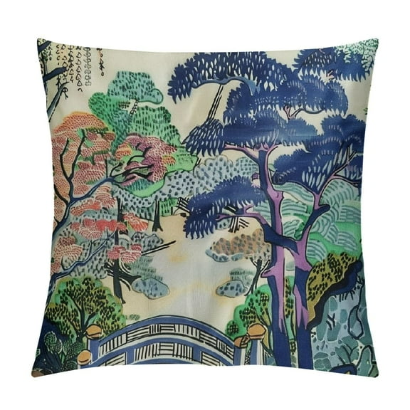 Shiartex Chinoiserie Pillow Cover Asian Scenic Purple and Blue Throw Pillow Covers Farmhouse Tree Leaves Pillow Case Cushion Covers for Sofa Couch Living Room