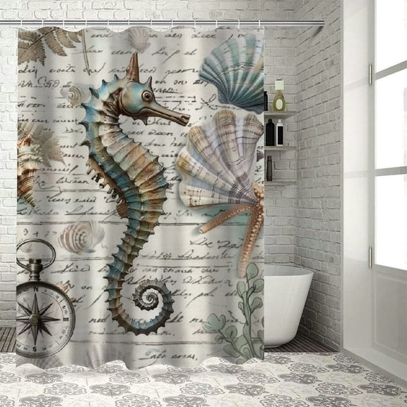 Shiartex  Coastal Nautical Shower Curtain Vintage Seahorse Seashell Starfish Watercolor Marine Life Beach Themed Bathroom Decor Fabric Curtains with Hooks 36x72