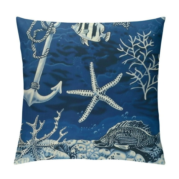 Shiartex  Coastal Pillow Covers, Blue Ocean Themed Beach Fish Seashell Throw Pillow Covers Nautical Coral Starfish Cushion Case Summer Home Decor for Couch Sofa Outdoor White