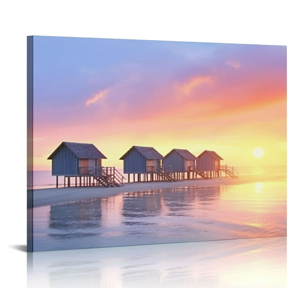 Shiartex Colorful Beach Pictures Print on Canvas Romantic Long Pier at Sunset Wall Art Dreamlike Coast Artwork for Living Room Bedroom Decoration Stretched and Framed Ready to Hang 20x16 in/16x12 in