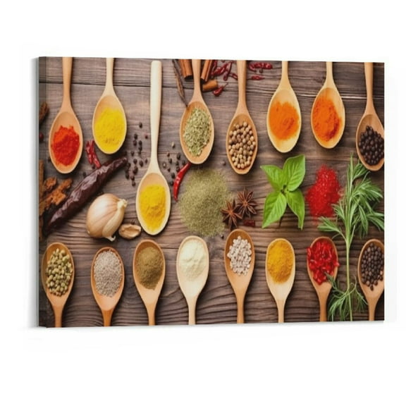 Shiartex Colorful Cooking Spices In Kitchen Spoons Poster Canvas Wall Art Painting Printing Home Room Aesthetic Decoration Mural Gift (Framed,20x16 Inch)