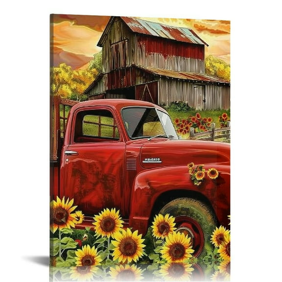 Shiartex  Country Truck Canvas Wall Art Rustic Red Truck Sunflower Bathroom Pictures Wall Decor Farmhouse Barn Painting Prints for Kitchen Decor 12x16 in