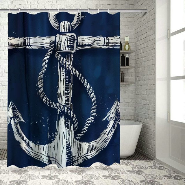 Shiartex Custom Nautical Navy Blue Anchor Shower Curtain 60x72