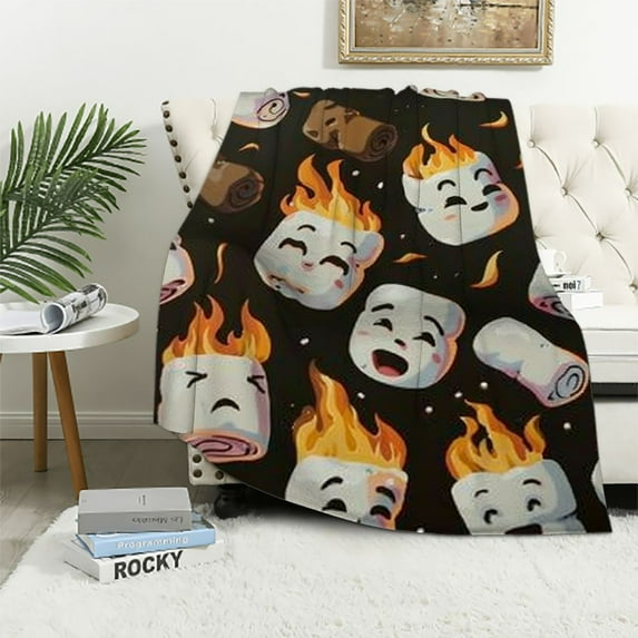Shiartex Cute S'Mores Blanket Marshmallow Cookie Blanket Black Soft Plush Fuzzy Flannel Throw Blanket for Couch Food Blanket for Kids White