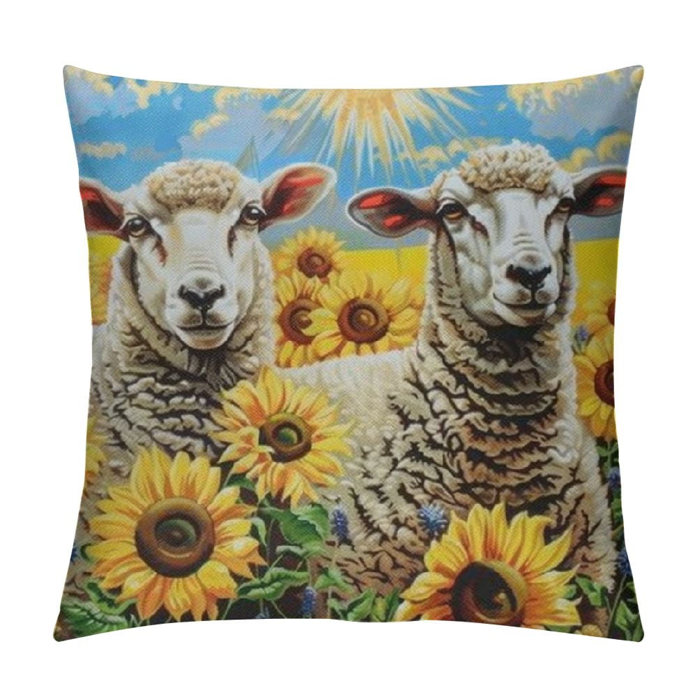 Shiartex Cute Sheep Throw Pillow Cover,Sunflowers Cushion Case Rustic