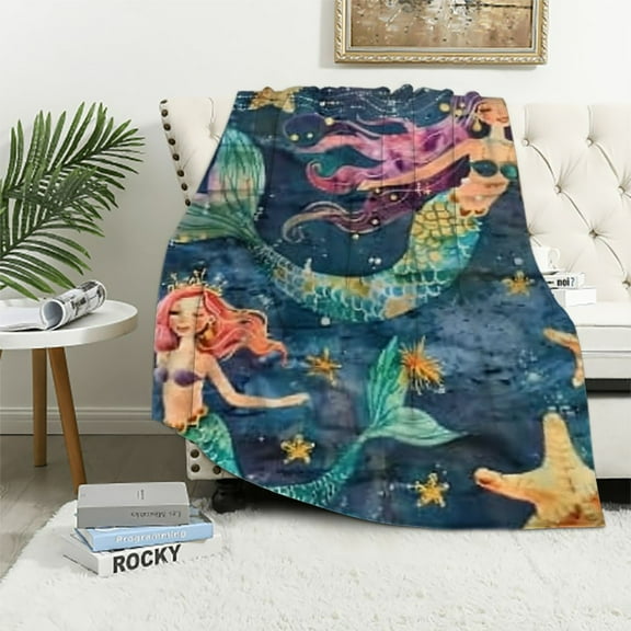 Shiartex Dark Blue Mermaid Blanket Throw Gifts for Girls Kids Mermaid Sisters Flower Pattern Blankets Super Soft Old Girl Gift Ideas Age Mermaid Toys Sofa Couch Bed Travel White