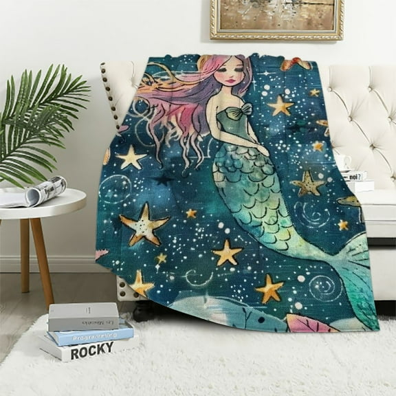Shiartex Dark Blue Mermaid Blanket Throw Gifts for Girls Kids Mermaid Sisters Flower Pattern Blankets Super Soft Old Girl Gift Ideas Age Mermaid Toys Sofa Couch 40x50in