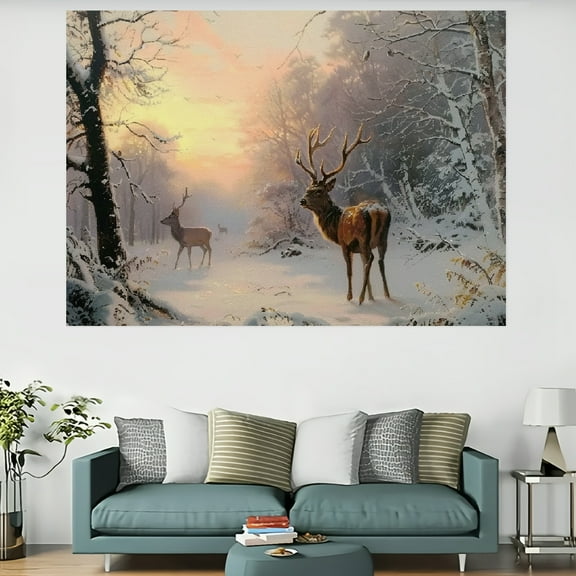 Shiartex Deer Snowy Forest Sunset Wall Art Tapestry 100% Polyester 60x40in