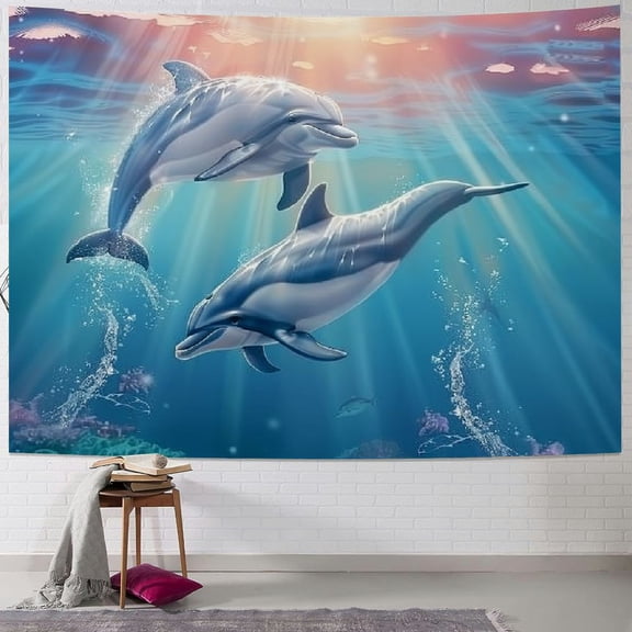 Shiartex Dolphin Tapestry Wall Hanging Tropical Fish and Coral Tapestries Ocean Marine Life Wall Tapestry Underwater World Tapestries Decor for Kids Girls Bedroom Teen Dorm Home Decor Painting
