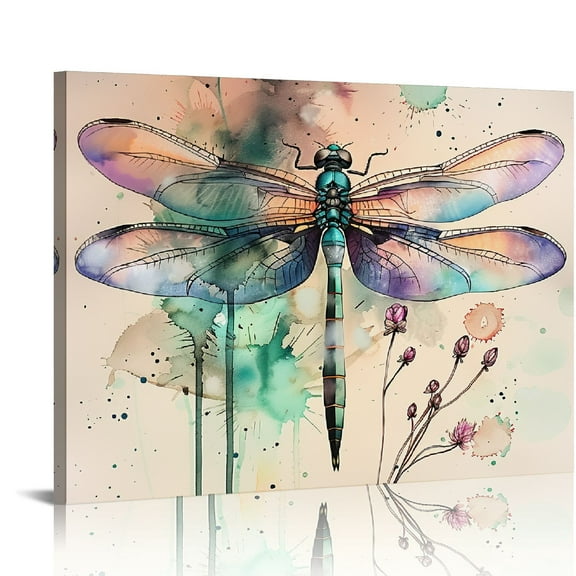 Shiartex Dragonfly Flower Watercolor Canvas Wall Art Print Home Decor Ready to Hang Living Room Bedroom Office Wall Decor 20x16in
